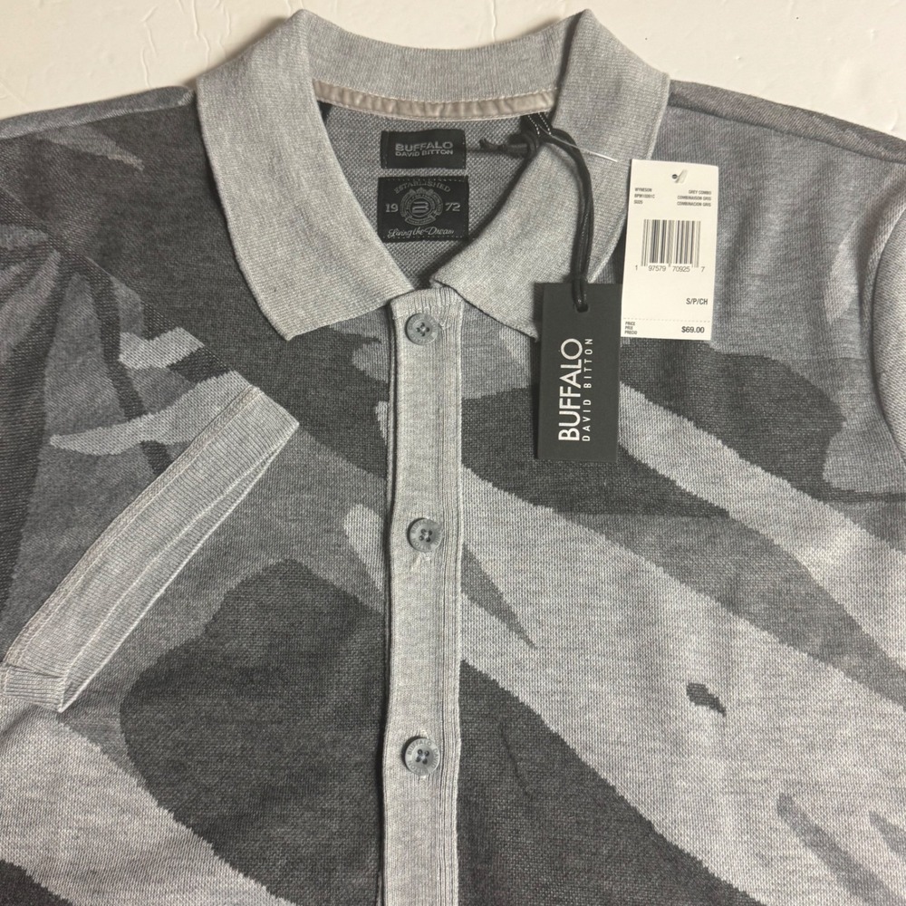 Buffalo David Bitton Men's Grey Combo Camo Short Sleeve Button Down Knit Polo